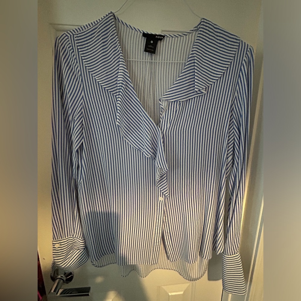 Aqua striped button-down blouse with ruffle